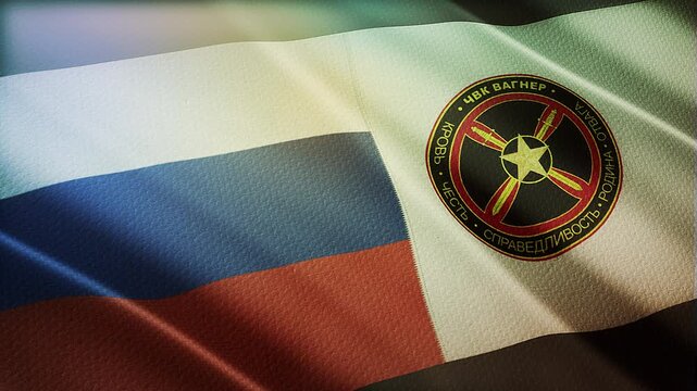 The diagonal and stitched-aligned combined Russia and PMC Wagner flags are waving in the wind. Concept of Strategic negotiation, national relationship, Conflict, and War. 