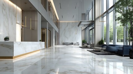 Modern architectural design featuring a luminous lobby space with marble accents