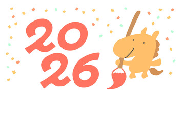 書き初めで2026を書いた馬と紙吹雪のかわいい年賀状テンプレート　横型　お祝い