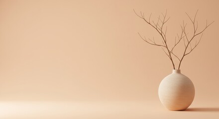 Minimalist White Ceramic Vase with Bare Branches on Soft Beige Background