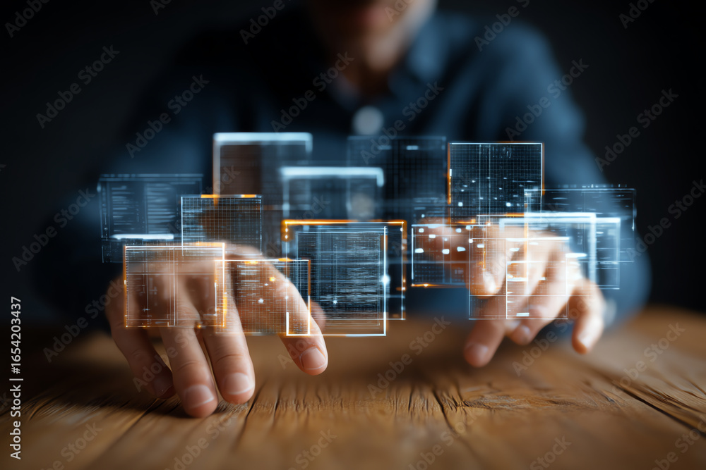 Poster a person interacts with transparent, glowing digital interface panels floating above a wooden table,