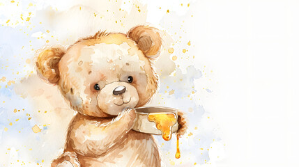 watercolor painting cute baby bear holding a honey
