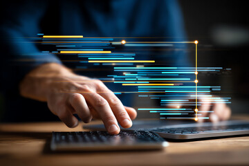 A person using a calculator and laptop with digital data flow graphics representing financial analysis or data processing in a workspace setting