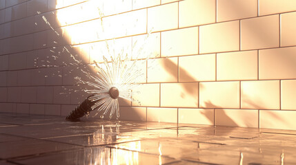 burst kitchen hose nozzle spraying fan-shaped water mist against glossy subway tiles dramatic backlighting photorealistic splash detail illustration concept scene visual for commercial design use high