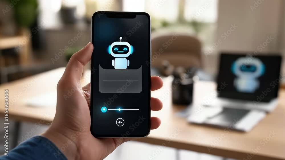 Poster A hand holding smartphone displaying chatbot interface with artificial intelligence robot icon, digital assistant technology in modern office, communication innovation and mobile advancement