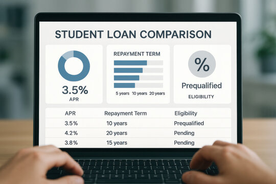 Student loan comparison with repayment term and eligibility details on laptop screen