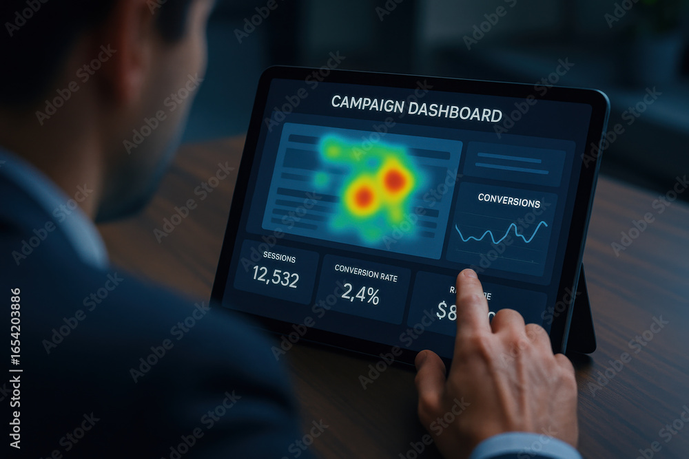Poster campaign dashboard on tablet showing conversion rate and sessions with focused finger touch