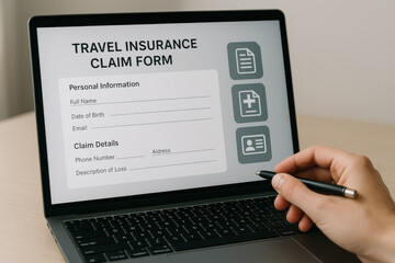 Travel insurance claim form on laptop screen with hand holding pen for filling details