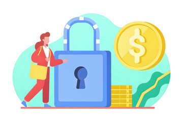 Fintech Cyber Defense A person standing near a large padlock and coins, symbolizing financial security and protection.