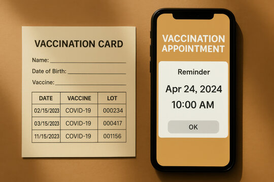 Vaccination card with dates and lot numbers next to phone showing vaccination appointment