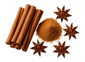 Top-down view of cinnamon sticks, ground cinnamon, and star anise on a surface.