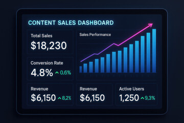 Content sales dashboard showing total sales, conversion rate, revenue, and active users growth