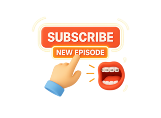 Animated hand with finger pointing to a red subscribe button with new episode text below it and a cartoon mouth open in surprise isolated on transparent background