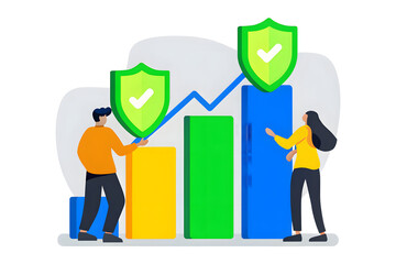 Fintech Cyber Defense Two people analyze a rising bar graph with security shield icons indicating data protection and growth.
