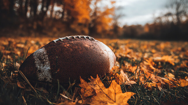 A worn football lies on grass covered with orange autumn leaves, with a blurred background of trees and a cloudy sky, evoking a nostalgic fall sports scene