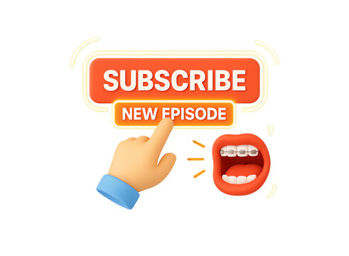 Animated hand with finger pointing to a red subscribe button with new episode text below it and a cartoon mouth open in surprise isolated on transparent background