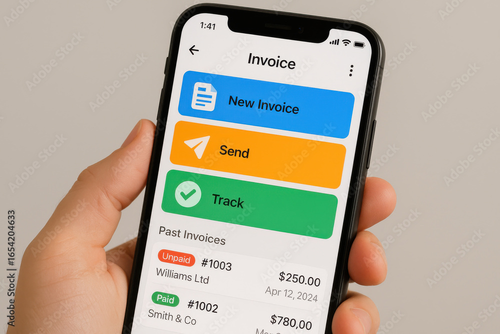 Poster invoice app screen with options to create, send, and track invoices on smartphone