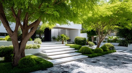 Serene modern villa entrance with lush greenery and minimalist architectural design