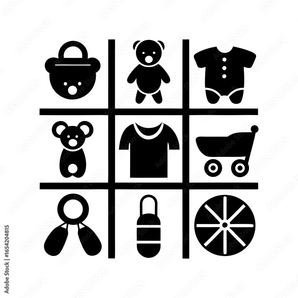 Poster Illustration of baby items arranged in a tic tac toe grid with a black and white color scheme design style