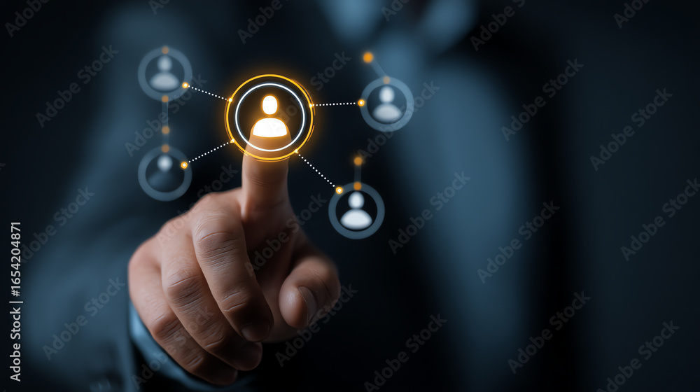 Aufkleber a person touches a glowing user icon on a digital interface, symbolizing network connections and soc