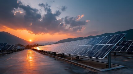 Eco friendly solar energy panels arranged in wide rows at sunrise, with spacious clear sky above for text overlay, promoting sustainable green technology future