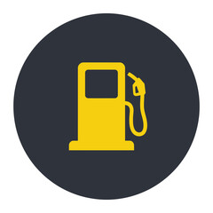 A yellow gas pump icon on a dark gray circle against a white background in a simple illustration vector