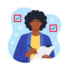 A woman diligently completes tasks, shown with checkmarks and gears, symbolizing productivity and efficiency.