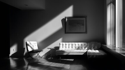 Dramatic monochrome interior showcasing sunlit seating and modern minimalism