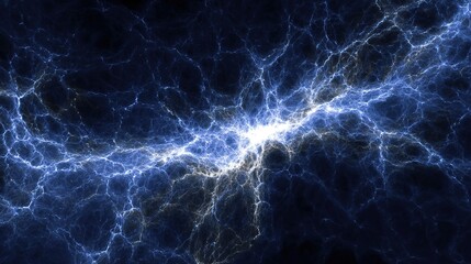 Neon blue and white fractal electricity branching through cosmic void, symbolizing natural energy.