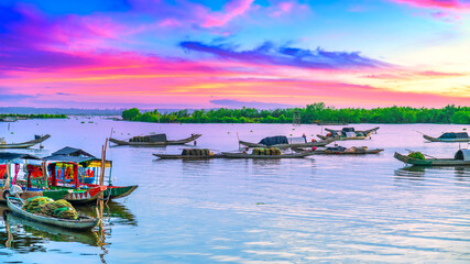 Beautiful sunrise in "Tam Giang" Lagoon A Beautiful and Famous Lagoon in Hue City, Vietnam for Eco nature travel. © huythoai