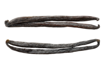 Two whole vanilla beans, dark brown,  ridged, and slightly textured,  presented horizontally against a black background