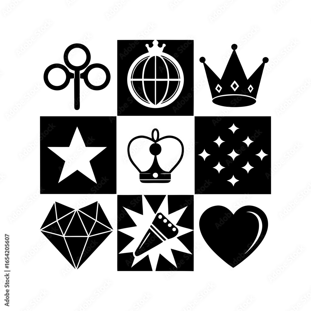 Poster black and white graphic featuring a variety of geometric shapes and symbolic representations in a gr