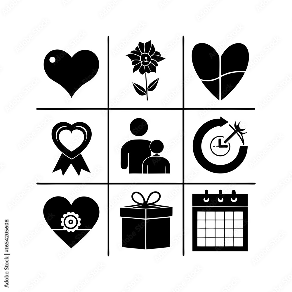 Poster collection of nine distinct black and white icons arranged in a three by three grid formation style