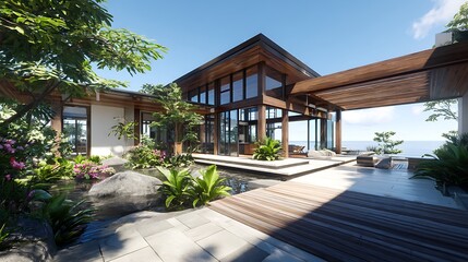 Tranquil coastal residence with glass walls and lush garden oasis