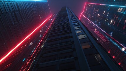 Skyscraper elevation with vivid neon lighting showcasing modern architectural design