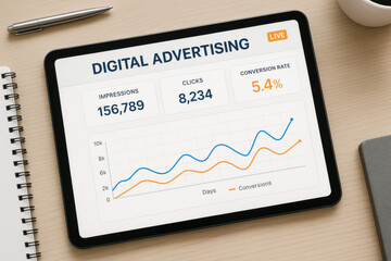 Digital advertising analytics on tablet with graph showing impressions and clicks