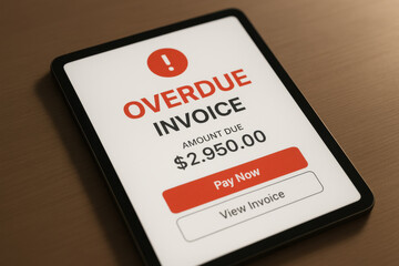 Overdue invoice notification on digital tablet showing amount due and payment options