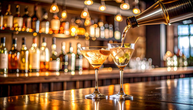 Bartender pouring cocktail into two glasses behind a wooden bar with blurred bottles in warm lighting
