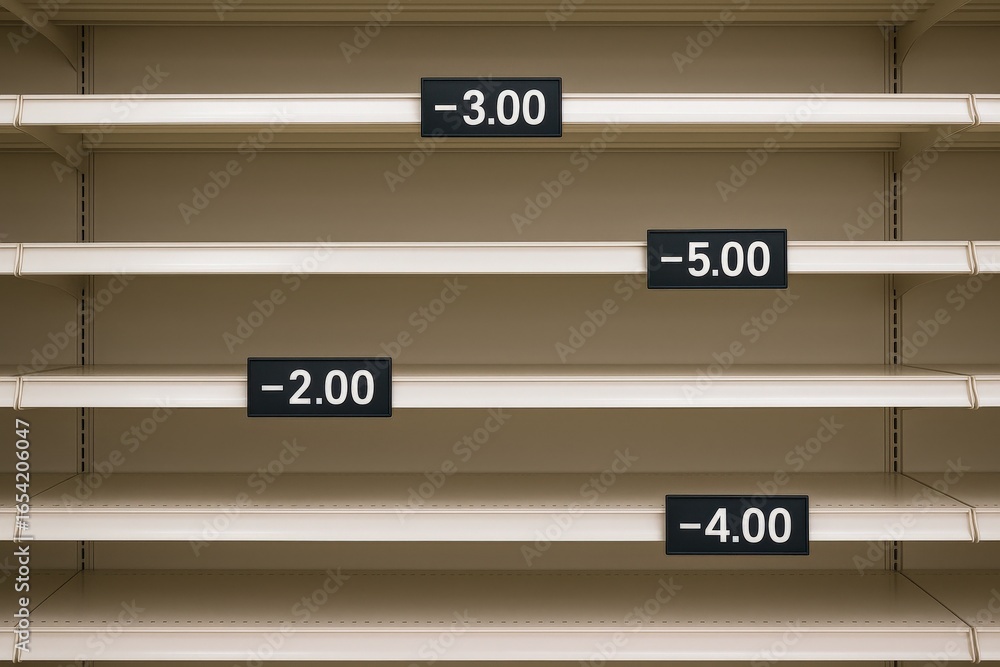 Poster negative revenue rate concept. empty shelves with price tags indicating negative values.