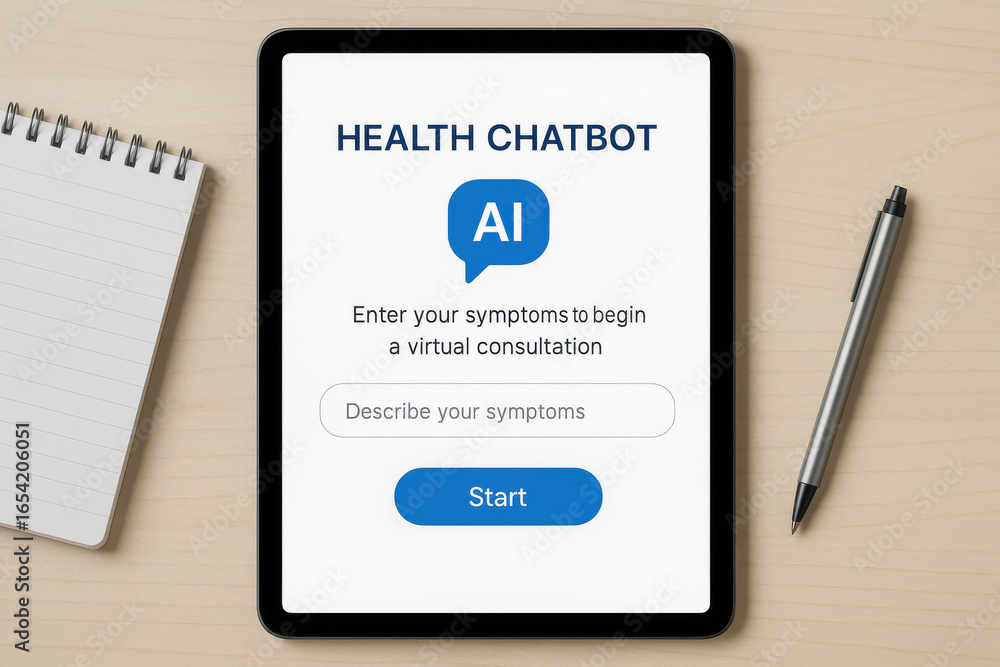 Poster health chatbot on tablet screen with pen and notebook for virtual consultation and symptom input