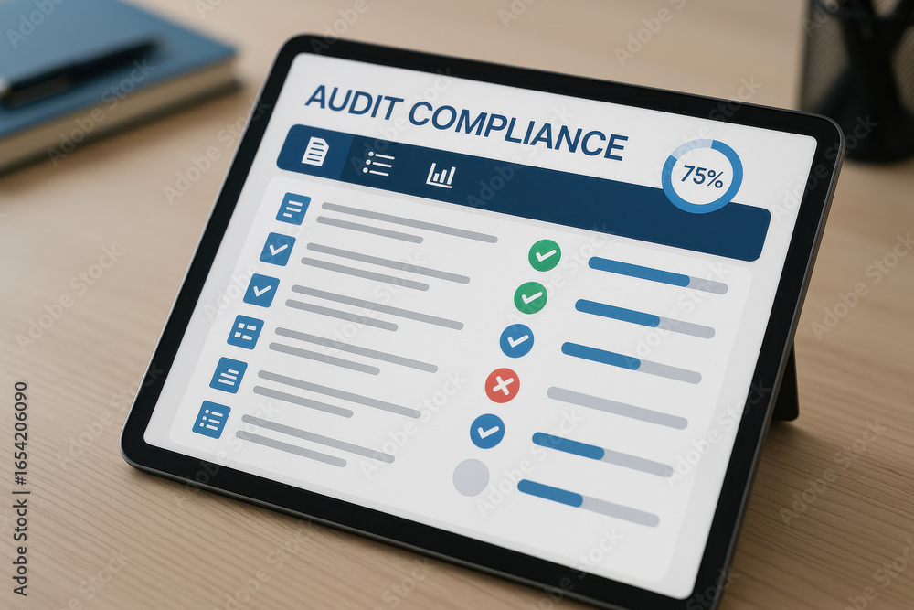 Poster audit compliance checklist on digital tablet screen showing progress and status