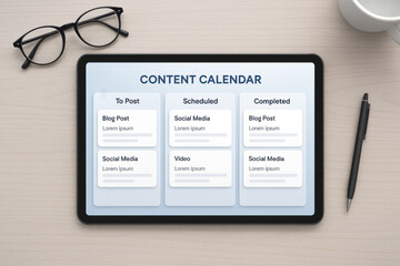 Content calendar on digital tablet with glasses and pen on wooden desk