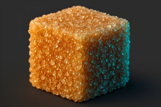 Macro photo of a single sparkling brown sugar cube isolated on a dark background