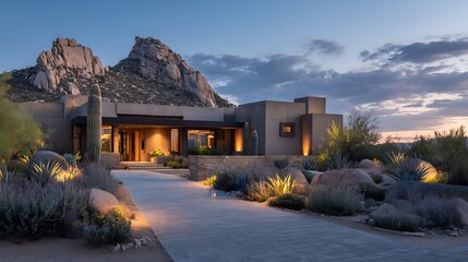 Modern architecture in harmony with desert landscape during twilight hours
