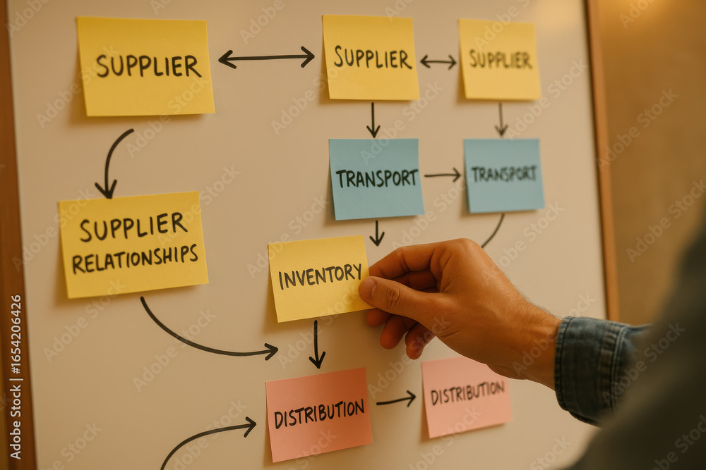 Poster supply chain planning with sticky notes on whiteboard showing inventory and distribution process