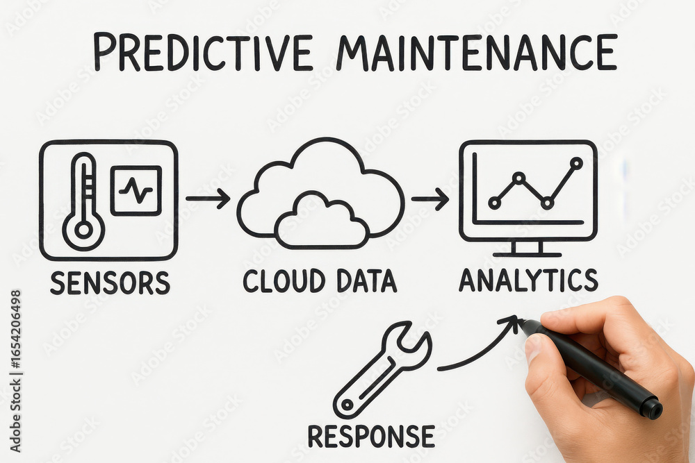 Poster predictive maintenance process with sensors, cloud data, analytics, and response for equipment