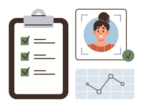 Clipboard with completed checklist, profile photo with facial recognition frame, line graph, and checkmark. Ideal for organization, productivity, identity, analytics, assessment data management