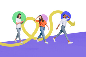 Horizontal creative artwork collage photo of three excited ambitious women go together to improve...