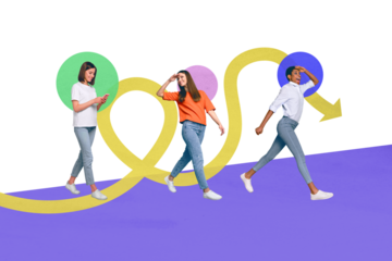 Horizontal creative artwork collage photo of three excited ambitious women go together to improve opportunity work development team work