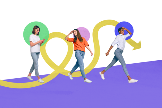 Horizontal creative artwork collage photo of three excited ambitious women go together to improve opportunity work development team work